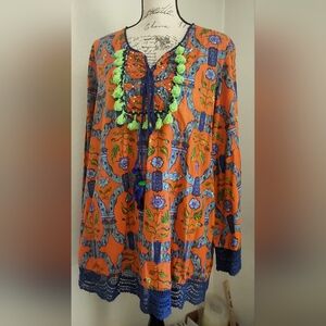 Fig & Vine Boho Hippie embellished tunic With Tassels & Crochet trim, Size XL